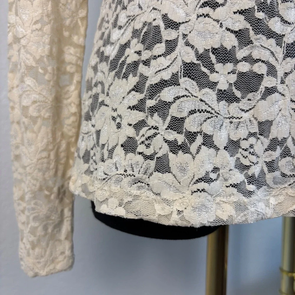 By Anthropologie Long Sleeve Lace Crew Neck Top, SMALL Almond Floral Sheer boho